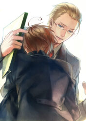 2boys ahoge axis_powers_hetalia binder black-framed_eyewear blazer blonde_hair blue_eyes blue_jacket brown_hair collared_jacket collared_shirt cowboy_shot fingernails forehead from_behind germany_(hetalia) glasses grey_shirt head_on_chest holding holding_binder hug jacket lapels long_sleeves looking_at_another lower_teeth_only male_focus multiple_boys necktie northern_italy_(hetalia) open_mouth red_necktie rei_(sanbonzakura) round_eyewear school_uniform shirt short_hair teeth white_background yaoi