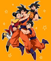 Rule 34 | 1girl, 3boys, :d, :o, ^ ^, arms around neck, black eyes, black hair, boots, bracelet, brothers, chi-chi (dragon ball), chinese clothes, closed eyes, couple, dougi, dragon ball, dragonball z, earrings, family, father and son, fingernails, full body, hetero, jewelry, long sleeves, mother and son, multiple boys, open mouth, orange background, short hair, siblings, simple background, smile, son gohan, son goku, son goten, spiked hair, star (symbol), sweatdrop, wristband, yunion (sibujya)