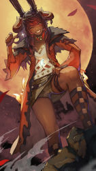 Rule 34 | 1girl, animal ears, warrior of light (ff14), belt, boots, brown skirt, coat, collarbone, commentary request, dark-skinned female, dark skin, earrings, facial mark, final fantasy, final fantasy xiv, grin, hand on lap, hide (hideout), highres, horns, jewelry, knee boots, lips, long hair, looking at viewer, moon, one eye closed, outdoors, rabbit ears, red coat, red eyes, red hair, ring, rock, shirt, shorts, skirt, smile, smoke, solo, sparkle, standing, thigh strap, thumbs up, viera, white shirt