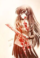 Rule 34 | 1girl, aya carmine, blazer, blood, blood on clothes, blood on face, blood on hands, collared shirt, commentary request, cowboy shot, empty eyes, highres, jacket, japanese saw, katsura kotonoha, long hair, looking at viewer, millipen (medium), monochrome, parted lips, pleated skirt, saw, school days, school uniform, shirt, simple background, skirt, smile, solo, spot color, traditional media, yandere