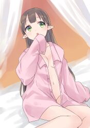 Rule 34 | 1girl, :o, ayumi (princess connect!), bed sheet, blush, borrowed clothes, breasts, brown hair, collared shirt, commentary request, curtains, dress shirt, feet out of frame, green eyes, groin, gucchiann, highres, long hair, long sleeves, naked shirt, navel, open clothes, open shirt, parted lips, pink shirt, pointy ears, princess connect!, shirt, sleeves past fingers, sleeves past wrists, small breasts, solo, very long hair