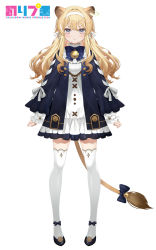 Rule 34 | 1girl, animal ears, bell, blonde hair, blue bow, blue dress, bow, dress, highres, kanda done, lion ears, lion girl, lion tail, neck bell, noripro, regrush lionheart, simple background, socks, tail, tail bow, tail ornament, thighhighs, virtual youtuber, white background, zettai ryouiki