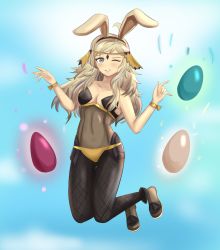 Rule 34 | 1girl, absurdres, animal ears, bare shoulders, blonde hair, blue eyes, bracelet, breasts, rabbit ears, cleavage, egg, fire emblem, fire emblem fates, fire emblem heroes, hair ornament, highres, jewelry, jumping, long hair, looking at viewer, medium breasts, nintendo, one eye closed, ophelia (fire emblem), simple background, smile, solo, zipperqr