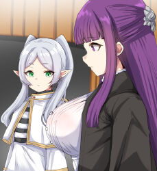 Rule 34 | 2girls, blunt bangs, breasts, capelet, closed mouth, dress, earrings, elf, fern (sousou no frieren), frieren, girl staring at guy&#039;s chest (meme), green eyes, grey hair, highres, jewelry, large breasts, long hair, looking at breasts, machismo fuji, meme, multiple girls, parted lips, pointy ears, purple eyes, purple hair, sidelocks, sousou no frieren, twintails, white capelet, white dress