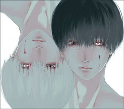 Rule 34 | 2boys, alternate eye color, black hair, blood, blood on face, closed mouth, commentary request, dual persona, expressionless, glowing, glowing eye, grey hair, kaneki ken, koujima shikasa, looking at viewer, male focus, multiple boys, portrait, red eyes, simple background, tokyo ghoul, upside-down, white background