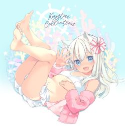 Rule 34 | 1girl, animal ears, ass, barefoot, bikini, bikini under clothes, blue eyes, blush, bow, cat ears, collarbone, commentary request, feet, frilled bikini, frills, groin, hair between eyes, hair bow, hair ornament, hair ribbon, hand on own chest, hinayuki usa, jacket, kantai collection, legs up, long hair, looking at viewer, lying, navel, on back, one-piece tan, open mouth, pink jacket, ribbon, ro-500 (kancolle), smile, soles, solo, stomach, swimsuit, swimsuit under clothes, tan, tanline, thighs, white bikini, white hair
