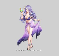 bikini breasts camilla_(fire_emblem) cleavage collarbone cup fire_emblem fire_emblem_fates fire_emblem_heroes flower hair_flower hair_ornament holding holding_cup large_breasts long_hair long_skirt mikurou_(nayuta) navel nintendo official_art purple_hair sandals see-through_clothes see-through_skirt skirt swimsuit