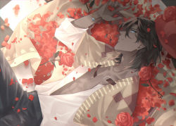 Rule 34 | 1boy, blue eyes, bracelet, brown hair, chio (akiciou), chocolate (food fantasy), dark skin, flower, food fantasy, hat, jewelry, lying, male focus, official art, open clothes, open shirt, pectorals, poncho, rose, smile, solo