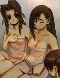 Rule 34 | 1990s (style), 3girls, aerith gainsborough, bow, breast envy, breasts, brown hair, cleavage, earrings, closed eyes, female focus, final fantasy, final fantasy vii, green eyes, hair bow, jewelry, large breasts, long hair, looking at breasts, multiple girls, naked towel, pink bow, retro artstyle, short hair, small breasts, tifa lockhart, towel, yuffie kisaragi