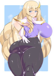 Rule 34 | 1girl, ahoge, artist request, ass, ass grab, blonde hair, blue eyes, blush, breasts, cameltoe, deep skin, dianna soreil, embarrassed, from behind, from below, gloves, gundam, highres, huge ass, huge breasts, leotard, long hair, looking back, looking down, pantyhose, shiny clothes, shiny skin, sideboob, solo, thick thighs, thighs, thong leotard, turn a gundam, very long hair