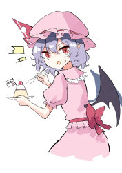 Rule 34 | 1girl, bat wings, black wings, deetamu, fang, food, frilled sleeves, frills, hat, hat ribbon, highres, holding, holding spoon, mob cap, open mouth, pink hat, pink shirt, pink skirt, pointy ears, pudding, puffy short sleeves, puffy sleeves, purple hair, red eyes, red ribbon, remilia scarlet, ribbon, shirt, short hair, short sleeves, simple background, skirt, solo, spoon, touhou, white background, wings