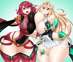 Rule 34 | 2girls, absurdres, aqua background, armor, bare shoulders, blonde hair, blush, breast press, breasts, breasts squeezed together, cleavage cutout, closed mouth, clothing cutout, cowboy shot, curvy, dress, highres, hip vent, huge breasts, kyelyn, long hair, looking at viewer, multiple girls, mythra (xenoblade), open mouth, orange eyes, pyra (xenoblade), red eyes, red hair, short hair, shorts, shoulder armor, simple background, smile, symmetrical docking, thick thighs, thighs, tiara, xenoblade chronicles (series), xenoblade chronicles 2