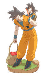 Rule 34 | 2boys, apple, backpack, bag, black eyes, black hair, boots, carrying, child, dougi, dragon ball, dragonball z, father and son, food, fruit, grass, happy, looking at another, looking away, looking back, male focus, miiko (drops7), multiple boys, ruyi jingu bang, open mouth, piggyback, shaded face, short hair, simple background, smile, son goku, son goten, spiked hair, white background, wristband