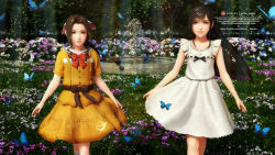 Rule 34 | 2girls, 3d, aerith gainsborough, aged down, animal, artist name, bare arms, bare legs, black bow, black hair, blue butterfly, bow, brown hair, bug, butterfly, child, closed mouth, dress, english text, female focus, final fantasy, final fantasy vii, final fantasy vii remake, floating clothes, flower, fountain, grass, green eyes, insect, legs, long hair, multiple girls, outdoors, parted bangs, pink bow, pink ribbon, purple flower, red bow, red eyes, red ribbon, ribbon, sailor collar, skirt, smile, square enix, standing, tifa lockhart, water, watermark, web address, white atelier, white dress, white flower, wings