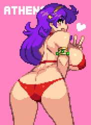 Rule 34 | 1girl, ass, athena (series), bent over, bikini, breasts, brown eyes, butt crack, heart, highres, huge ass, large breasts, legs, long hair, looking at viewer, looking back, open mouth, pixel art, princess athena, purple hair, red bikini, sideboob, smile, snk, solo, swimsuit, thighs, v, yumurama
