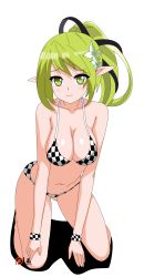 Rule 34 | 1girl, absurdres, bikini, black ribbon, breasts, checkered bikini, checkered clothes, cleavage, collarbone, elsword, full body, green eyes, green hair, hair ribbon, highres, indexryo, kneeling, long hair, looking at viewer, medium breasts, navel, pointy ears, ponytail, rena erindel, ribbon, shadow, shiny skin, sideboob, simple background, solo, swimsuit, white background