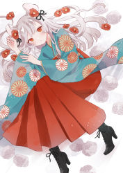 Rule 34 | 1girl, albino, animal ears, black footwear, boots, chinese zodiac, flower, grey hair, hakama, japanese clothes, long hair, looking at viewer, mouse ears, myaco9, new year, original, red eyes, red flower, solo, year of the rat