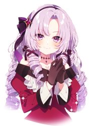 Rule 34 | 1girl, black hairband, blush, brown gloves, closed mouth, cropped torso, dress, drill hair, gloves, hairband, hands up, highres, hyakumantenbara salome, hyakumantenbara salome (1st costume), juliet sleeves, long hair, long sleeves, looking at viewer, mamyouda, nijisanji, off-shoulder dress, off shoulder, parted bangs, puffy sleeves, purple eyes, purple hair, red dress, signature, simple background, smile, solo, sparkle, transparent background, upper body, very long hair, virtual youtuber, white background