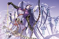 Rule 34 | 1girl, animal print, arm guards, ass, black gloves, bodysuit, bow (weapon), breasts, commentary request, covered erect nipples, curvy, fate/grand order, fate (series), fingerless gloves, flower, gloves, hair flower, hair ornament, holding, holding bow (weapon), holding weapon, large breasts, loincloth, long hair, looking back, minamoto no raikou (fate), parted bangs, pelvic curtain, purple background, purple bodysuit, purple eyes, purple hair, ribbed sleeves, rope, standing, sword, sword behind back, tabard, tiger print, tsurukame, very long hair, weapon
