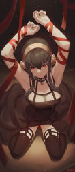 Rule 34 | 1girl, armpits, arms up, black dress, black hair, bound, breasts, cleavage, closed mouth, dress, earrings, flower, from above, gold earrings, gold hairband, hair flower, hair ornament, hairband, highres, jewelry, large breasts, light particles, long hair, looking at viewer, looking up, nev (nevblindarts), raised eyebrows, red eyes, red ribbon, ribbon, ribbon bondage, rose, sidelocks, sitting, spy x family, thighhighs, wariza, yor briar, zettai ryouiki