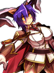 Rule 34 | 1girl, black skirt, breasts, cape, commentary request, cowboy shot, dutch angle, emon-yu, eyes visible through hair, genetic (ragnarok online), gloves, grin, hair between eyes, horns, jacket, large breasts, looking at viewer, necktie, official alternate costume, purple hair, ragnarok online, red cape, red shirt, shaded face, shirt, short hair, simple background, skirt, smile, solo, white background, white gloves, white jacket, yellow eyes