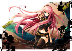 Rule 34 | 1girl, blue eyes, boots, elmou, headset, long hair, megurine luka, midriff, mizuno eita, navel, outstretched hand, petals, pink hair, scarf, skirt, solo, thighhighs, very long hair, vocaloid