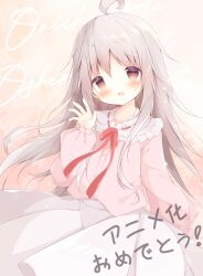 Rule 34 | 1girl, :d, ahoge, akatsuki (ytkg5558), blush, brown eyes, chinese commentary, commentary request, copyright name, frilled shirt collar, frills, genderswap, genderswap (mtf), grey hair, highres, long hair, long sleeves, looking at viewer, mixed-language commentary, neck ribbon, onii-chan wa oshimai!, open mouth, oyama mahiro, partial commentary, pink shirt, puffy long sleeves, puffy sleeves, red ribbon, ribbon, shirt, skirt, smile, solo, translated, waving, white skirt