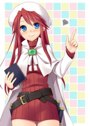 Rule 34 | 1girl, aty, aty (summon night), belt, blue eyes, blush, book, cape, hat, hazuki (etcxetc), holding, long hair, looking at viewer, red hair, smile, solo, summon night, summon night 3