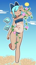 Rule 34 | 1girl, ;&lt;, aqua eyes, aqua hair, arm at side, arm up, armpit crease, bare arms, bare legs, bare shoulders, beach, blue bow, blue sky, blush, bow, bright pupils, casual one-piece swimsuit, cirno, closed mouth, cloud, commentary, covered navel, day, detached wings, english commentary, flat chest, flower, full body, furrowed brow, gris swimsuit, hair bow, half-closed eyes, hot, leaf, leg up, legs, looking away, looking to the side, meme attire, morning glory, navel, no nose, one-piece swimsuit, one eye closed, organsoup, outdoors, outline, pink flower, plant, pointy ears, sand, see-through, see-through swimsuit, shore, short hair, sky, solo, standing, stomach, strapless, strapless one-piece swimsuit, summer, sun, sweat, swept bangs, swimsuit, tan, tanned cirno, touhou, vines, white outline, white pupils, wings, wiping forehead, wiping sweat