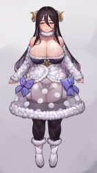 Rule 34 | 1girl, bare shoulders, black panties, breasts, c.cu, cleavage, curvy, detached collar, detached sleeves, female focus, fingernails, full body, garter straps, grey background, hair between eyes, half-closed eyes, highres, horns, large breasts, long fingernails, long hair, looking at viewer, mole, mole on breast, mole under mouth, nail polish, original, panties, plump, purple hair, purple nails, purple ribbon, ribbon, see-through, see-through skirt, shiny clothes, shiny skin, simple background, skirt, smile, solo, thick thighs, thighhighs, thighs, underwear, wide hips, yellow eyes