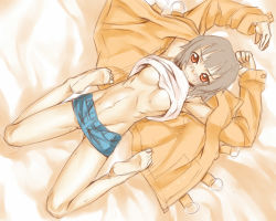Rule 34 | 1girl, barefoot, breasts, clothes lift, coat, feet, lying, medium breasts, midriff, napori, red eyes, shirt lift, short hair, sketch, soles, solo, underboob