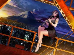 Rule 34 | 1girl, anklet, breasts, building, choker, city, cityscape, cleavage, dress, dutch angle, earrings, evening, closed eyes, feet, female focus, floating hair, full body, high heels, instrument, jewelry, large breasts, legs, long hair, mount fuji, music, oboe, outdoors, playing instrument, purple hair, sitting, solo, sun, sunset, taimanin (series), taimanin asagi, taimanin asagi kessen arena, thighs, tsushima ibuki, zol