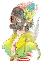 Rule 34 | 1boy, absurdres, amputee, angel wings, blood, broken mask, commentary request, double amputee, ear piercing, earpiece, fasna, feathered wings, flower, gas mask, grey hair, highres, male focus, mask, original, piercing, pink flower, pink rose, red flower, ribs, rose, short hair, simple background, upper body, white background, white wings, wings, yellow flower