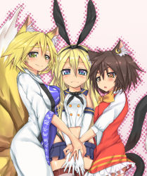 Rule 34 | &gt;:o, 10s, 3girls, :o, animal ears, bad id, bad pixiv id, blonde hair, blue eyes, blue skirt, breast press, brown eyes, cat ears, cat tail, chen, colored eyelashes, detached sleeves, dress, earrings, elbow gloves, flat chest, fox ears, fox girl, fox tail, frown, gloves, hairband, hat, highleg, highleg panties, highres, holding another&#039;s wrist, jewelry, kantai collection, long dress, long hair, long sleeves, looking at viewer, masuo, microskirt, midriff, mob cap, multiple girls, multiple tails, neck ribbon, nekomata, no headwear, panties, pleated skirt, puffy long sleeves, puffy sleeves, red dress, ribbon, sailor collar, shimakaze (kancolle), shirt, short dress, short hair, skirt, sleeveless, sleeveless shirt, smile, striped clothes, striped legwear, striped thighhighs, tabard, tail, thighhighs, touhou, underwear, v-shaped eyebrows, white dress, white gloves, wide sleeves, yakumo ran, yellow eyes