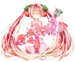 Rule 34 | 1girl, ayarin103, cherry, cherry blossoms, closed eyes, detached sleeves, food, fruit, hatsune miku, headset, long hair, name connection, necktie, object namesake, red hair, sakura miku, simple background, solo, twintails, very long hair, vocaloid