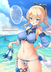 Rule 34 | 1girl, adapted costume, alternate costume, armpits, beach, bikini, bikini bottom only, blonde hair, blue eyes, blue sky, bow, breasts, cloud, cloudy sky, commentary, english commentary, english text, fanbox username, genshin impact, hair between eyes, hair bow, hair ribbon, hand on own hip, high heels, highres, hm (hmongt), horizon, jean (genshin impact), jean (sea breeze dandelion) (genshin impact), long hair, looking at viewer, medium breasts, navel, ocean, official alternate costume, outdoors, ponytail, ribbon, shoes, unworn shoes, sidelocks, sky, solo, speech bubble, stomach, swimsuit, thighlet, watermark, wavy hair, web address, wind