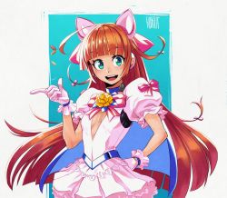 Rule 34 | 1girl, ahoge, animal ears, blue eyes, blunt bangs, bow, breasts, cape, cat ears, center opening, coin, coin flip, collar, commentary, dress, exchanger (money idol exchanger), fake animal ears, gloves, hair bow, hand on own hip, huge ahoge, kanta-kun, long hair, looking at viewer, magical girl, mitsukoshi sakura, money idol exchanger, open mouth, pink bow, pink dress, pink gloves, puffy short sleeves, puffy sleeves, short sleeves, small breasts, smile, solo