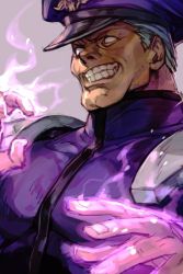 Rule 34 | 1boy, armor, blank eyes, capcom, chin, evil grin, evil smile, fire, glowing, glowing hands, grey background, grin, hat, hungry clicker, m. bison, male focus, pauldrons, purple fire, shoulder armor, simple background, smile, solo, street fighter
