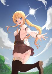 Rule 34 | 1girl, absurdres, ahoge, ass, bad id, bad pixiv id, bare shoulders, black footwear, blonde hair, blue eyes, blush, boots, breasts, brown dress, cloud, commentary request, day, dress, elach, elf, from behind, from below, highres, looking at viewer, medium breasts, original, outdoors, panties, pointy ears, solo, sun, thigh boots, thighhighs, twintails, underwear, white dress, white panties