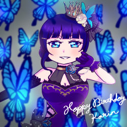 Rule 34 | 1girl, alternate hairstyle, artist name, artist request, asaka karin, asymmetrical gloves, bare shoulders, black detached collar, black gloves, blue butterfly, blue eyes, blue flower, blue hair, blush, bracelet, breasts, bug, butterfly, butterfly hair ornament, choker, cleavage, cleavage cutout, clothing cutout, crown, dark blue hair, dress, elbow gloves, female focus, flower, frilled dress, frills, gloves, gold choker, hair bobbles, hair bun, hair flower, hair ornament, hairclip, insect, jewelry, looking at viewer, love live!, love live! nijigasaki high school idol club, love live! school idol festival, mini crown, mismatched gloves, mole, mole on body, mole on breast, navel, navel cutout, parted lips, pearl bracelet, purple dress, purple gloves, short hair, single elbow glove, single hair bun, small breasts, smile, solo, teeth, upper body, v-shaped eyebrows, white flower, yellow choker