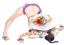 Rule 34 | 1girl, artist request, ass, back, bag, bandaid, bandaid on knee, bandaid on leg, bare legs, bikini, black cat, blonde hair, bow, braid, bridal garter, cat, flower, frilled bikini, frills, hair bow, handbag, hands on ground, hat, hat flower, hibiscus, highres, jack-o&#039; challenge, little witch nobeta, long hair, nobeta, official art, parted lips, phyllis (cat) (little witch nobeta), phyllis (little witch nobeta), purple bikini, scrunchie, shaded face, slippers, solo, spread legs, sun hat, swimsuit, top-down bottom-up, twin braids, twintails, wet, white hat, wide spread legs, wrist scrunchie