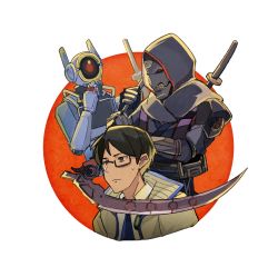 Rule 34 | 3boys, animification, apex legends, apex legends: pathfinder&#039;s quest, black eyes, brown jacket, crypto (apex legends), dead man&#039;s curve, glasses, hair behind ear, holding, holding scythe, hood, hood up, humanoid robot, inconspicuous crypto, jacket, male focus, multiple boys, official alternate costume, one-eyed, pathfinder (apex legends), red eyes, revenant (apex legends), robot, scythe, simulacrum (titanfall), stack (sack b7), sweatdrop, synthetic shinobi revenant