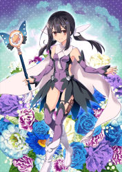 Rule 34 | 1girl, armpits, black hair, boots, covered navel, detached sleeves, fate/grand order, fate/kaleid liner prisma illya, fate (series), flower, gluteal fold, hair between eyes, hiroyama hiroshi, holding, holding staff, holding wand, kaleidostick, leotard, long hair, magical girl, magical sapphire, miyu edelfelt, official art, sidelocks, smile, staff, thighhighs, twintails, wand