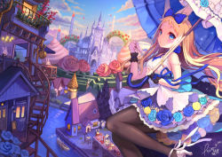 Rule 34 | 1girl, animal, animal ears, bad id, bad pixiv id, bare shoulders, black pantyhose, blonde hair, blue bow, blue eyes, blue ribbon, blue sky, blush, boat, bow, canal, castle, chair, clock, closed mouth, clothed animal, cloud, cloudy sky, commentary request, cup, day, dress, fantasy, fire, flower, frilled umbrella, frills, hair bow, high heels, holding, holding cup, holding umbrella, house, long hair, looking at viewer, maze, original, outdoors, pantyhose, pierorabu, pink flower, pink rose, purple skirt, rabbit, red flower, ribbon, rose, sign, signature, skirt, sky, sleeveless, sleeveless dress, solo, stairs, stone stairs, strap slip, table, tower, umbrella, very long hair, water, watercraft, white dress, white footwear, white umbrella, wrist cuffs, yellow flower, yellow rose