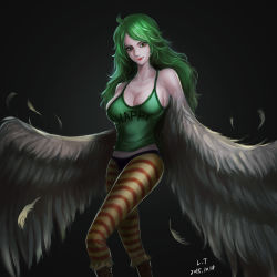 Rule 34 | 10s, 1girl, 2015, breasts, donquixote pirates, female focus, gradient background, green hair, harpy, lt, monet (one piece), monster girl, one piece, solo, wings