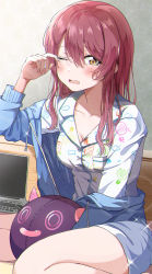 Rule 34 | 1girl, blue jacket, blush, breasts, brown eyes, brown hair, cleavage, collarbone, collared shirt, commentary request, computer, drawstring, dress shirt, feet out of frame, glint, hair between eyes, hand up, highres, idolmaster, idolmaster shiny colors, indoors, jacket, laptop, long hair, long sleeves, looking at viewer, medium breasts, off shoulder, one eye closed, open clothes, open jacket, open mouth, osaki tenka, rubbing eyes, shaka (staito0515), shirt, sitting, sleepy, solo, tears, very long hair, waking up, wariza, wavy mouth, white shirt
