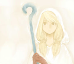 Rule 34 | 1girl, blonde hair, braid, final fantasy, final fantasy tactics, gloves, hair over shoulder, hood, long hair, robe, smile, solo, staff, twin braids, twintails, weapon, white mage, white mage (fft), white mage (final fantasy), yuya (yu gray)