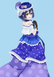 Rule 34 | 1girl, absurdres, bare shoulders, blue dress, blue hair, blush, commentary request, dress, floral print, flower, frills, from behind, gloves, hat, highres, lamer umi, long dress, long hair, looking at viewer, love live!, love live! school idol project, open mouth, ponytail, simple background, smile, solo, sonoda umi, strapless, strapless dress, swept bangs, yellow eyes