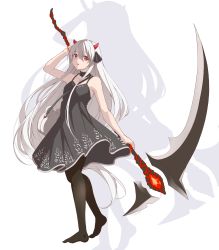 Rule 34 | 1girl, arm up, bag, bare arms, bare shoulders, black dress, black pantyhose, black ribbon, commentary request, creek (moon-sky), dress, drop shadow, hair between eyes, hair ribbon, highres, holding, holding scythe, horns, long hair, no shoes, original, pantyhose, parted lips, red eyes, ribbon, scythe, shoulder bag, simple background, sleeveless, sleeveless dress, solo, very long hair, white background, white hair