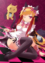 Rule 34 | 1girl, ;d, animal ears, beatmania, beatmania iidx, black thighhighs, blonde hair, breasts, cat ears, cat tail, cleavage, clothes lift, frills, goribote, hair ornament, hairband, large breasts, long hair, looking at viewer, maid, maid headdress, one eye closed, open mouth, pink hair, sitting, skirt, skirt lift, smile, solo, stuffed animal, stuffed cat, stuffed toy, tail, the knee socks princess of glass, thighhighs